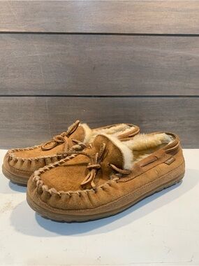 L.L.Bean Womens Wicked Good Camp Moccasins Brown Suede Shearling Lining Size 9.5